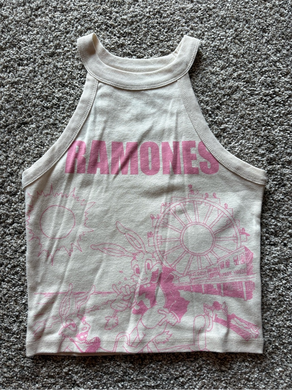 American Eagle Outfitters Cream Halter Tank with Pink Ramones Graphic